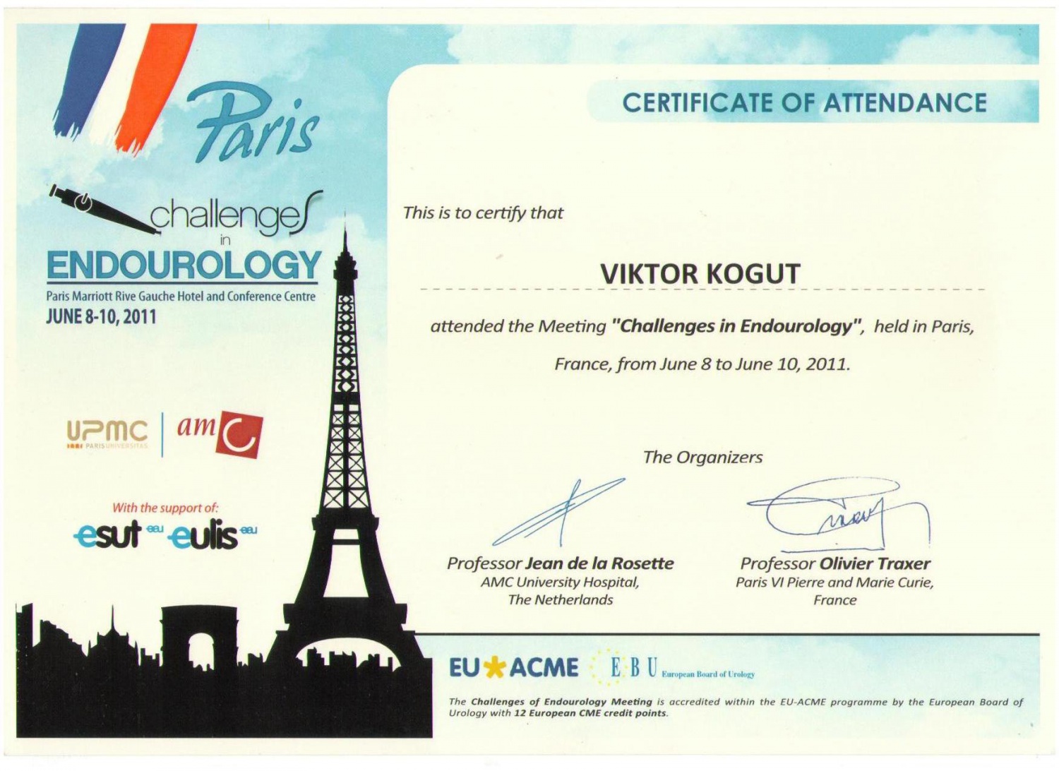 Когут В.В. - Сертификат про участие в конференции "Challenges in Endourology" (2011 г.)